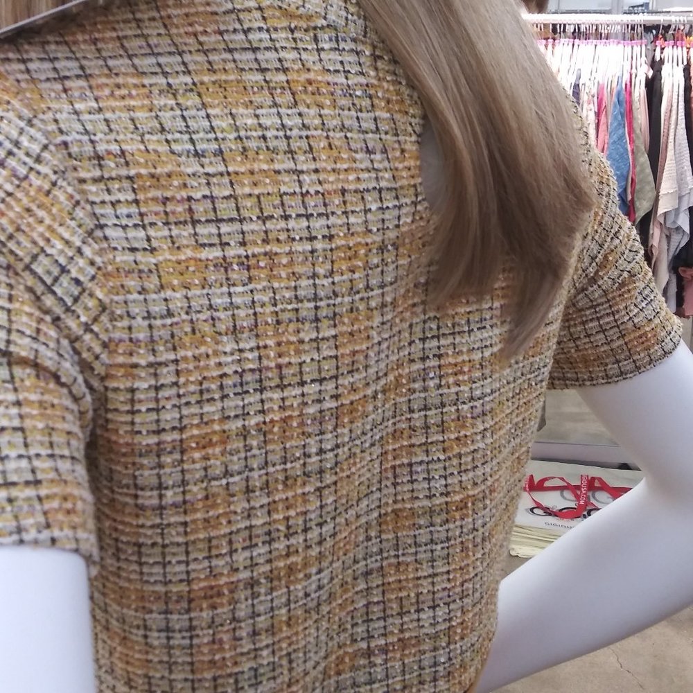 Tweed and Suede Work Dress Office Dress with Side Pockets Gold & Yellow - Picture 13 of 16